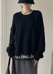 French Black O-Neck Letter Cable Knit Sweaters Spring