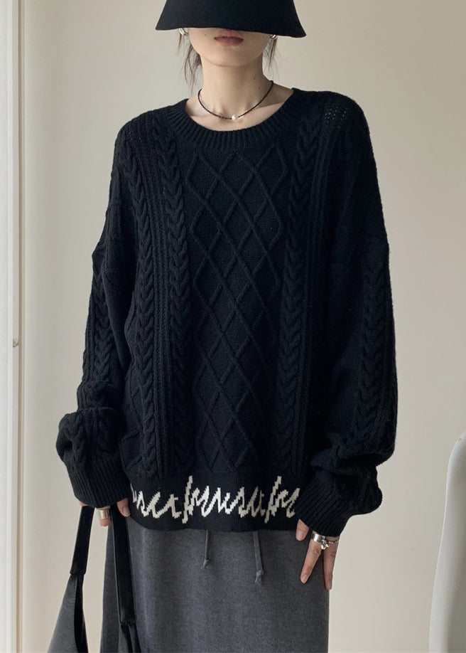 French Black O-Neck Letter Cable Knit Sweaters Winter