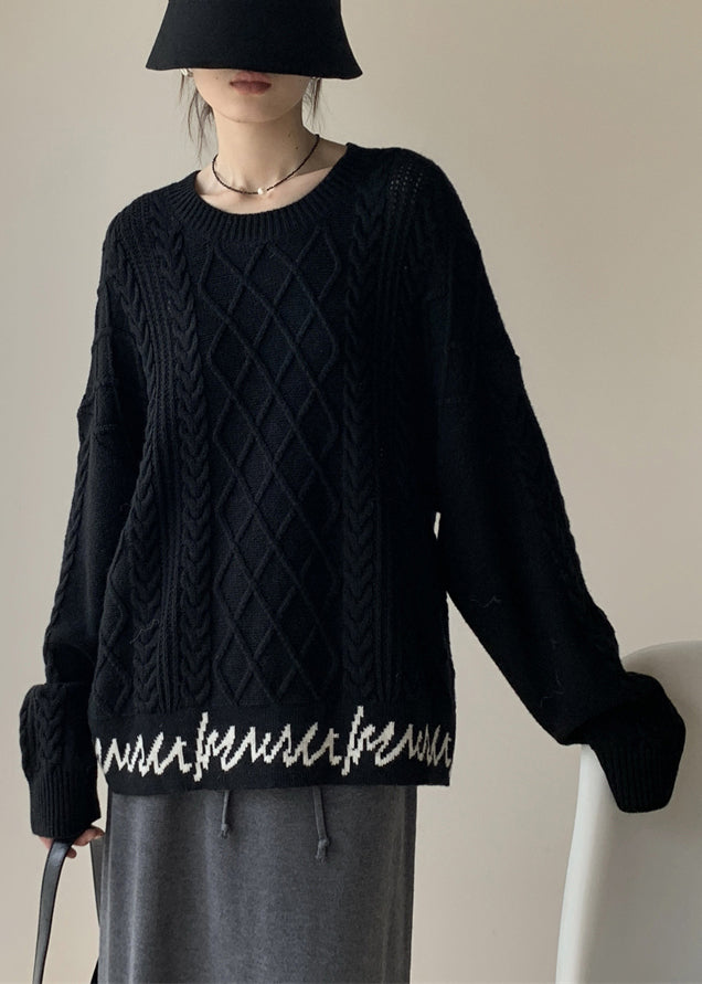 French Black O-Neck Letter Cable Knit Sweaters Spring