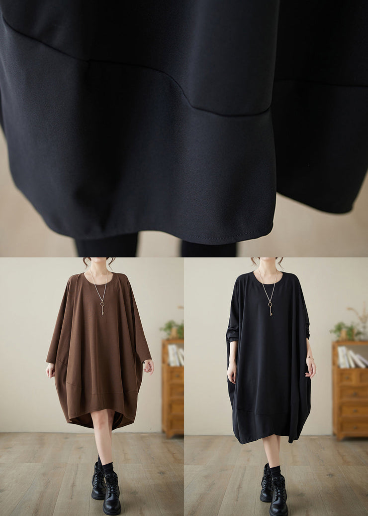 French Black O-Neck Low High Design Cotton Dress Fall