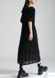 French Black O Neck Patchwork Lace Dresses Summer