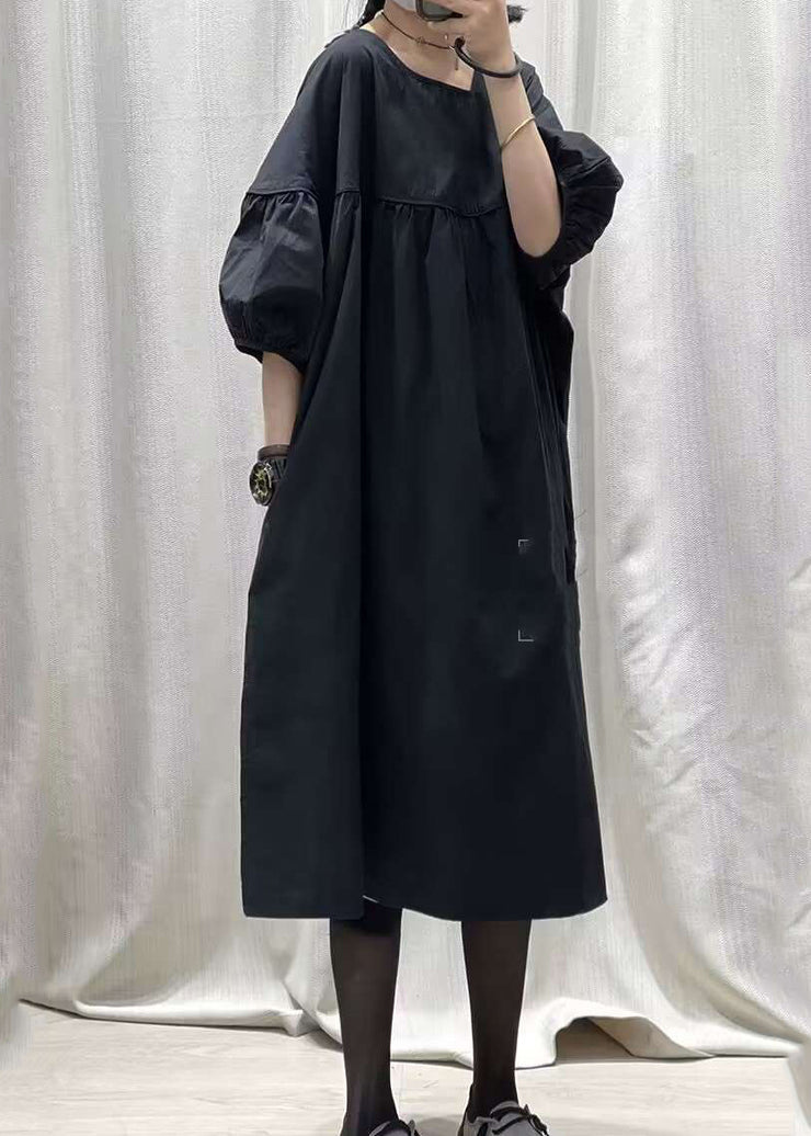 French Black O-Neck Patchwork Long Dresses Summer