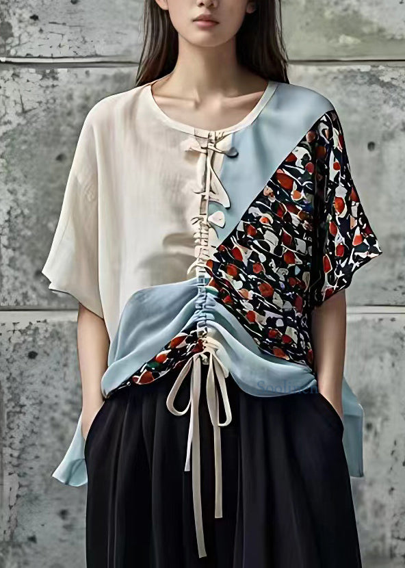 French Black O-Neck Patchwork Low High Design Shirts Summer