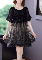 French Black O-Neck Patchwork Organza Cinch Dress Summer