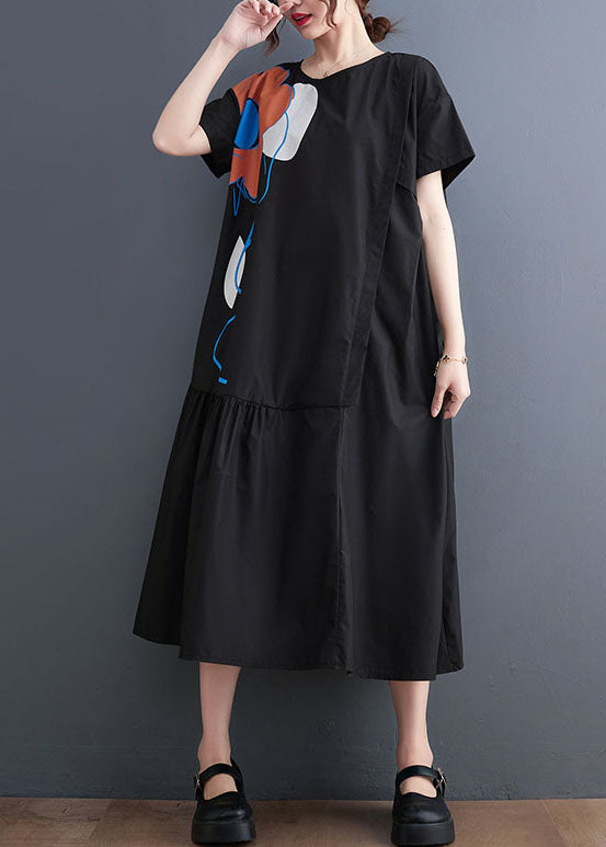 French Black O-Neck Patchwork Wrinkled Cotton Party Dress Summer