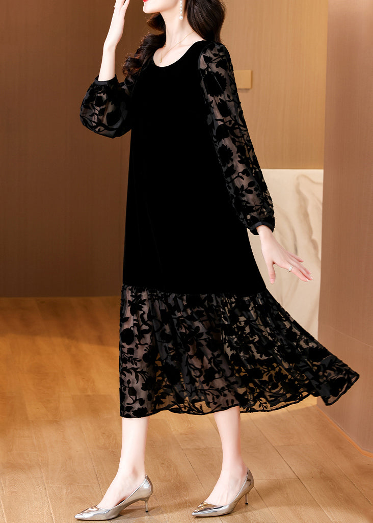 French Black O Neck Pockets Silk Velvet Long Dress Spring