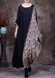 French Black O Neck Print Patchwork Silk Long Dresses Half Sleeve