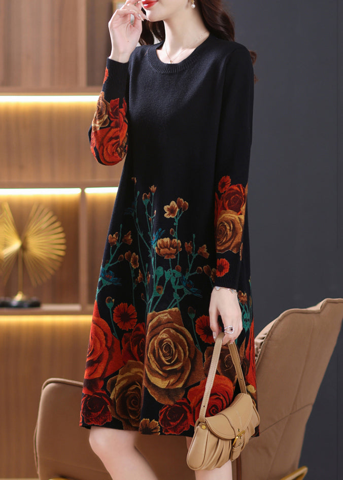 French Black O-Neck Print Wool Knit Dresses Spring