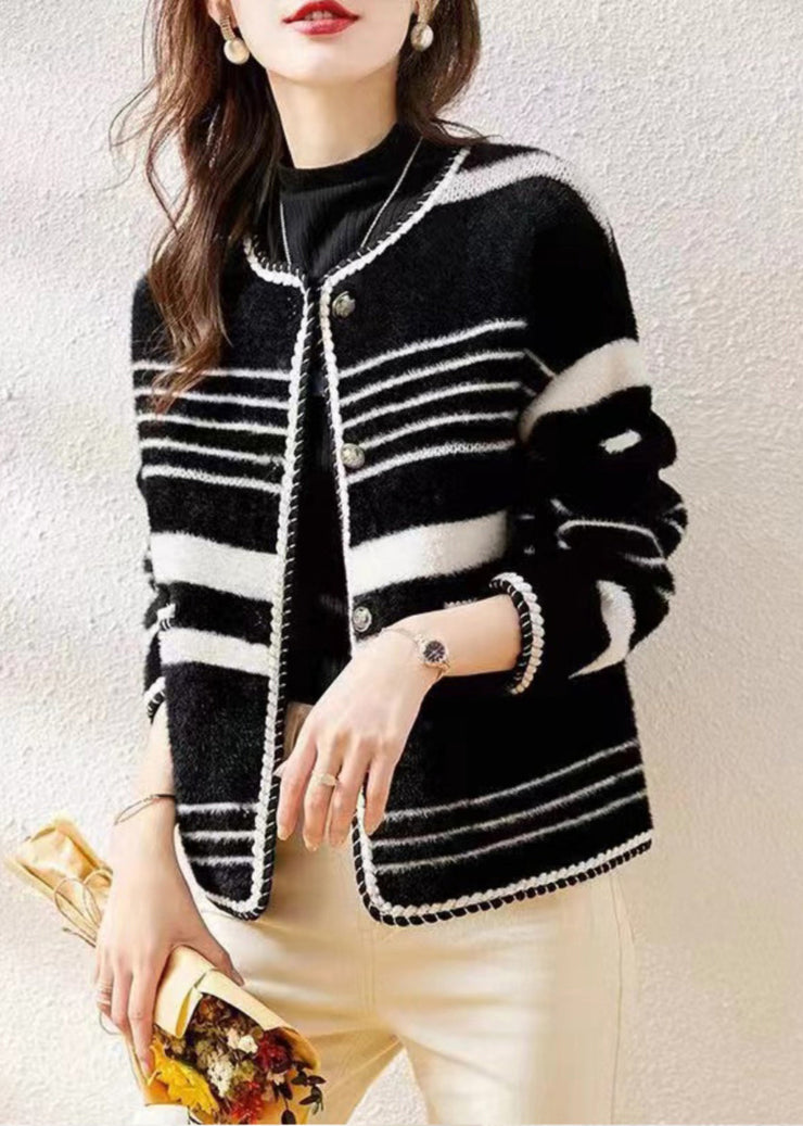 French Black O Neck Striped Women Mink Hair Knitted Coat Fall