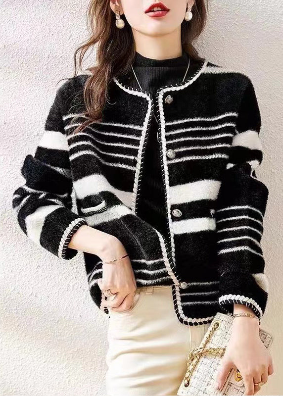 French Black O Neck Striped Women Mink Hair Knitted Coat Fall