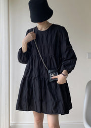 French Black O Neck Wrinkled Patchwork Cotton Mid Dresses Fall