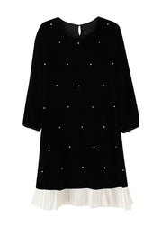 French Black O Neck Zircon Patchwork Velvet Dresses Long Sleeve