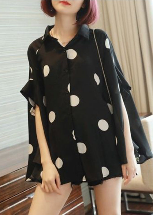 French Black Oversized Dot Print Chiffon Tops Batwing Sleeve