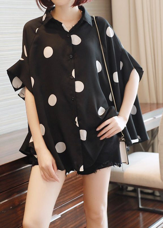 French Black Oversized Dot Print Chiffon Tops Batwing Sleeve