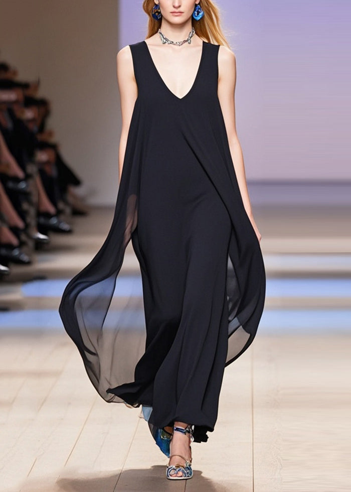 French Black Oversized Draping Chiffon Maxi Dresses Sleeveless