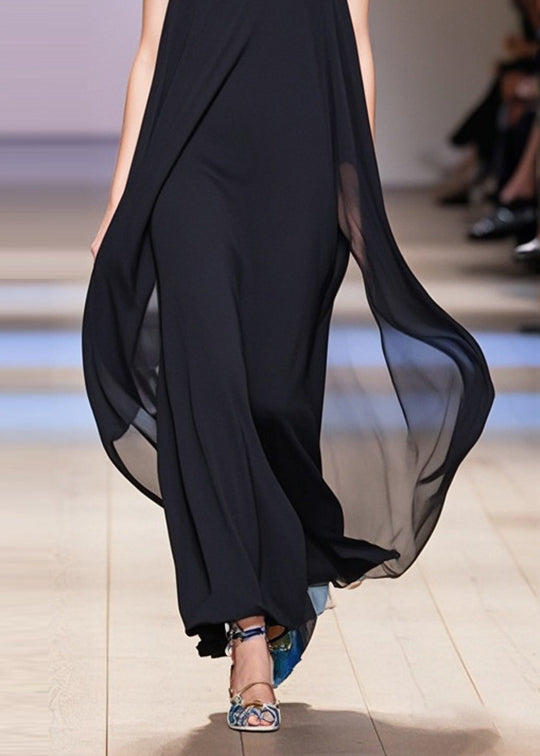 French Black Oversized Draping Chiffon Maxi Dresses Sleeveless