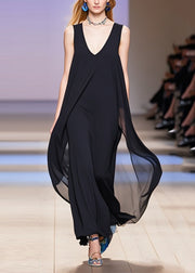 French Black Oversized Draping Chiffon Maxi Dresses Sleeveless