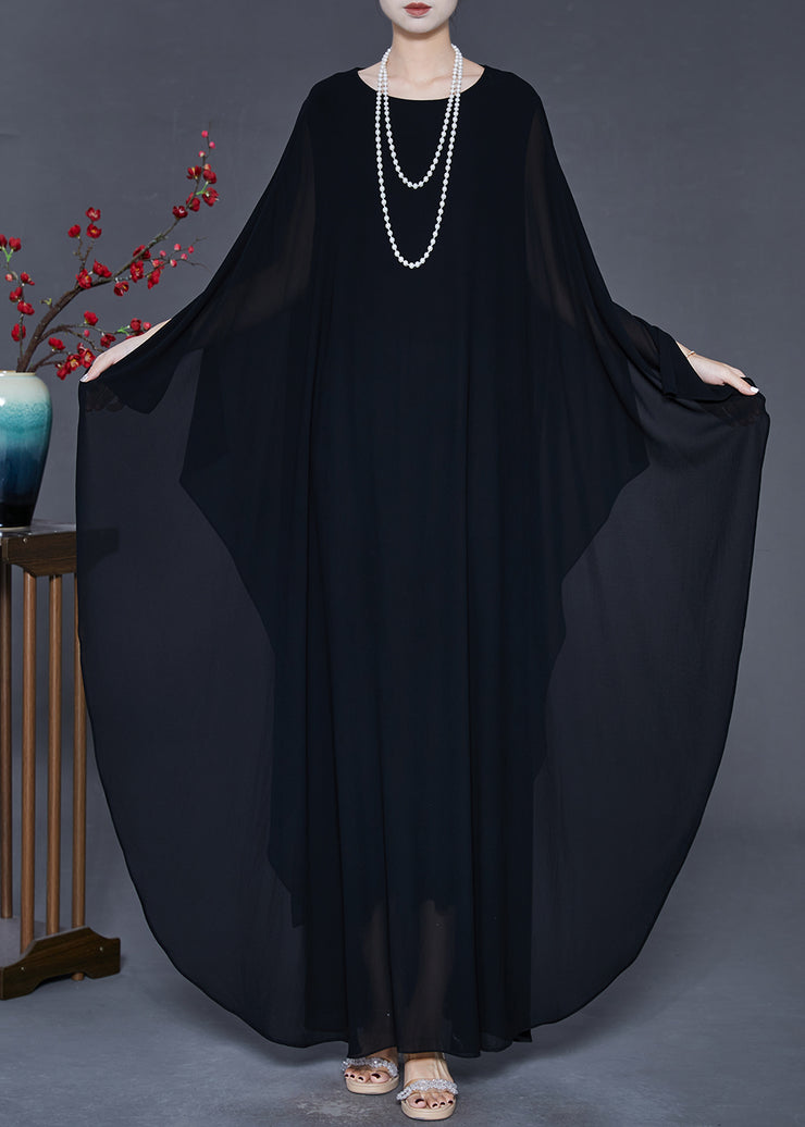 French Black Oversized Draping Chiffon Vacation Dresses Summer