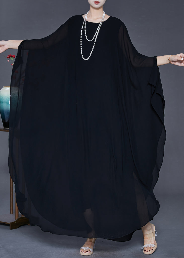 French Black Oversized Draping Chiffon Vacation Dresses Summer