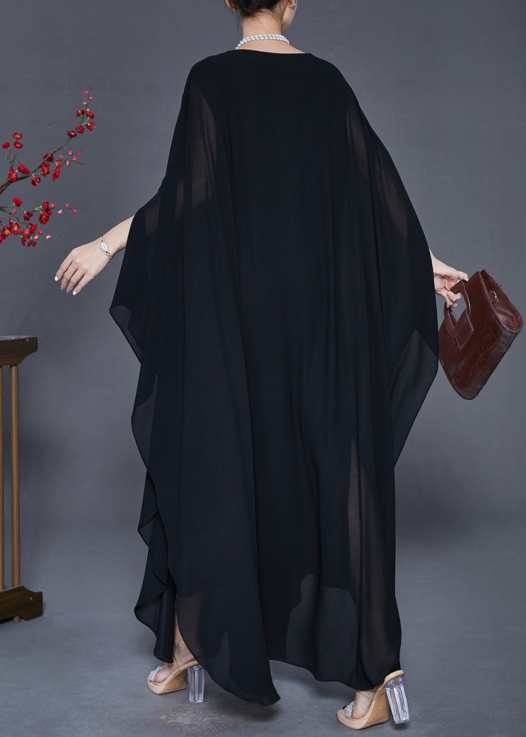 French Black Oversized Draping Chiffon Vacation Dresses Summer