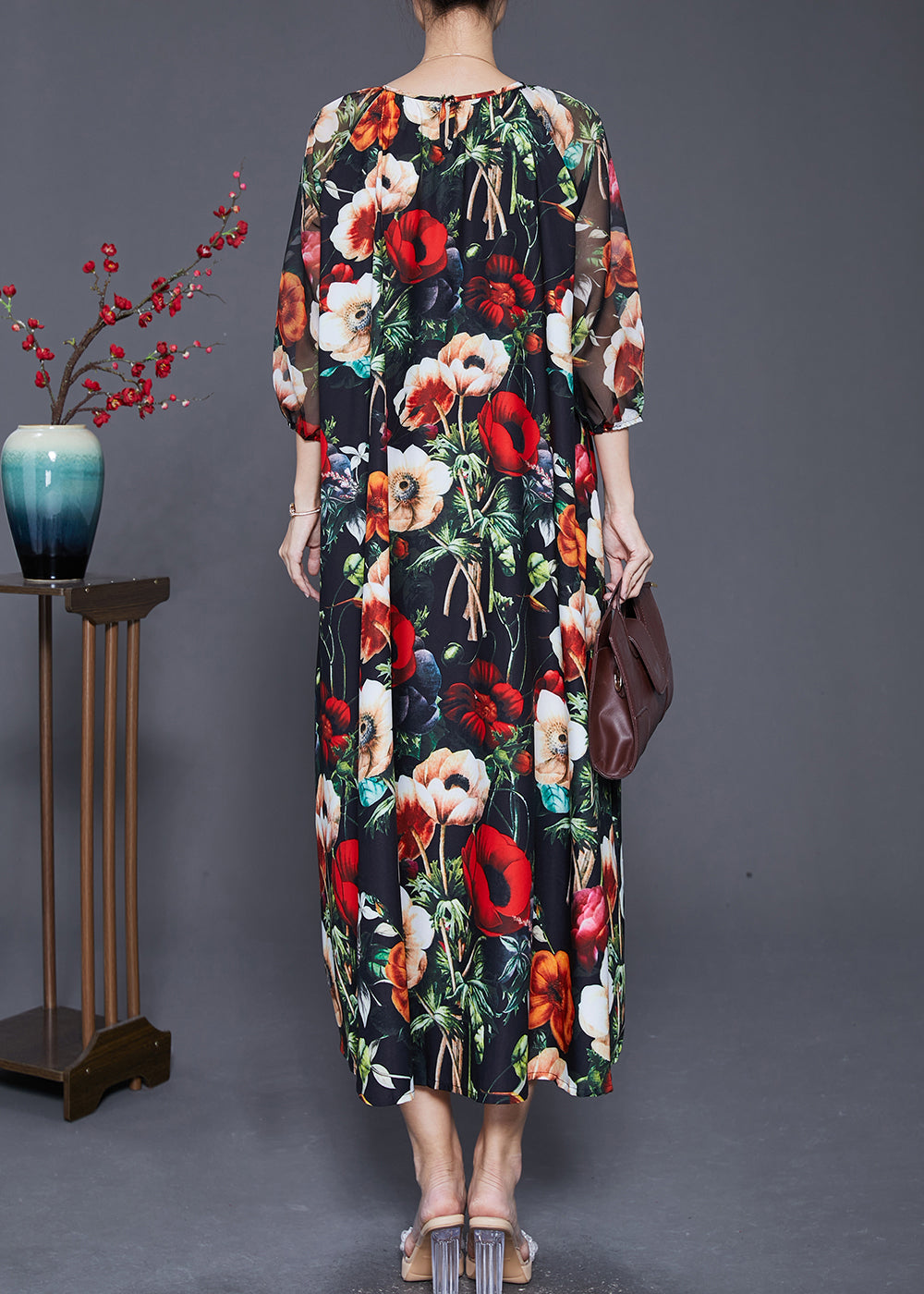 French Black Oversized Floral Print Draping Chiffon Dresses Summer ...