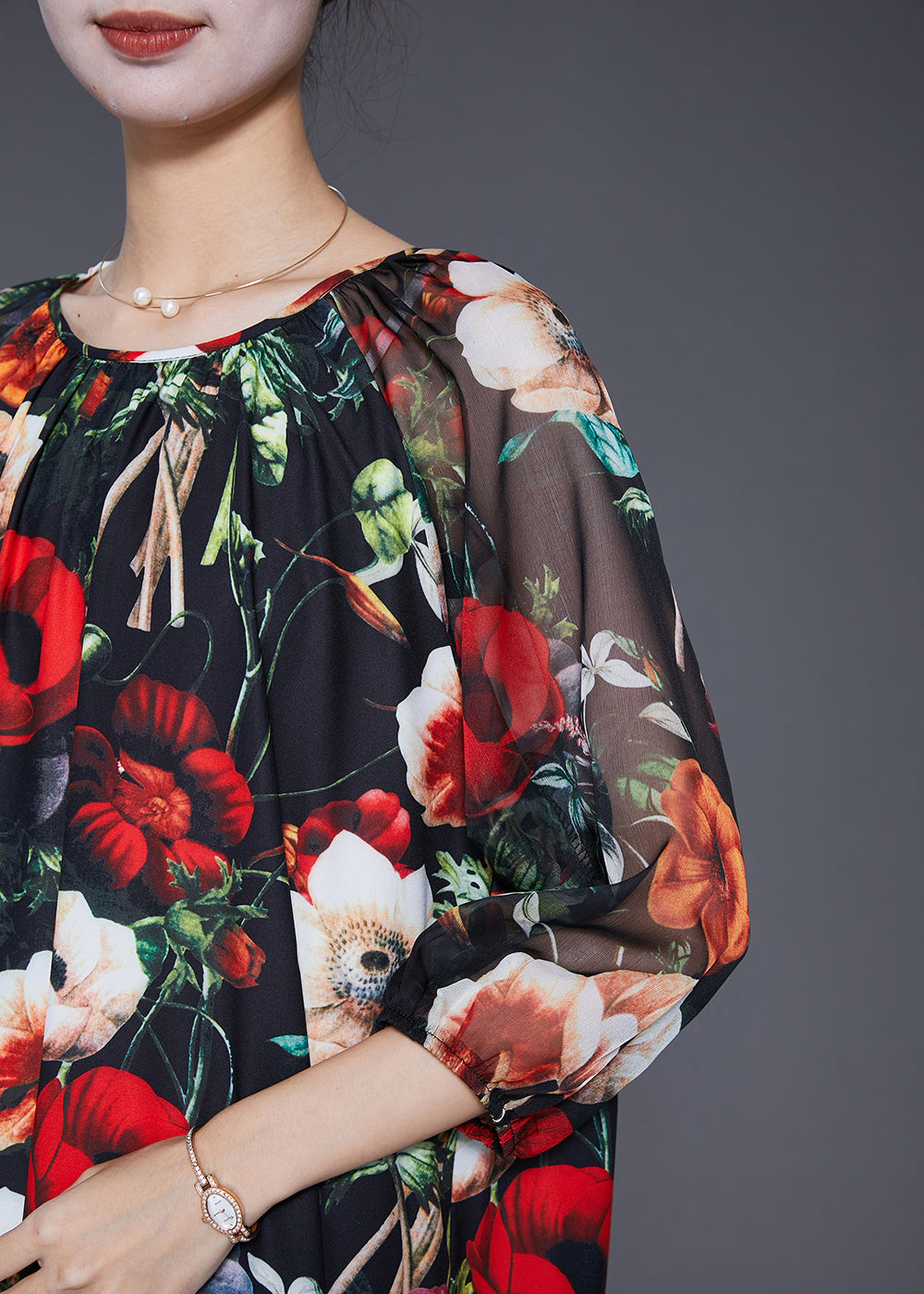 French Black Oversized Floral Print Draping Chiffon Dresses Summer ...