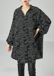 French Black Oversized Letter Print Chiffon Shirt Dress Spring