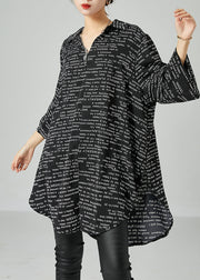 French Black Oversized Letter Print Chiffon Shirt Dress Spring