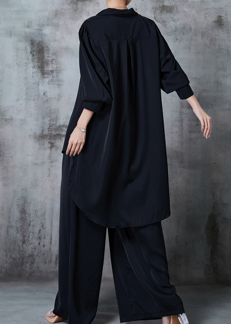 French Black Oversized Low High Design Chiffon Two Pieces Set Summer