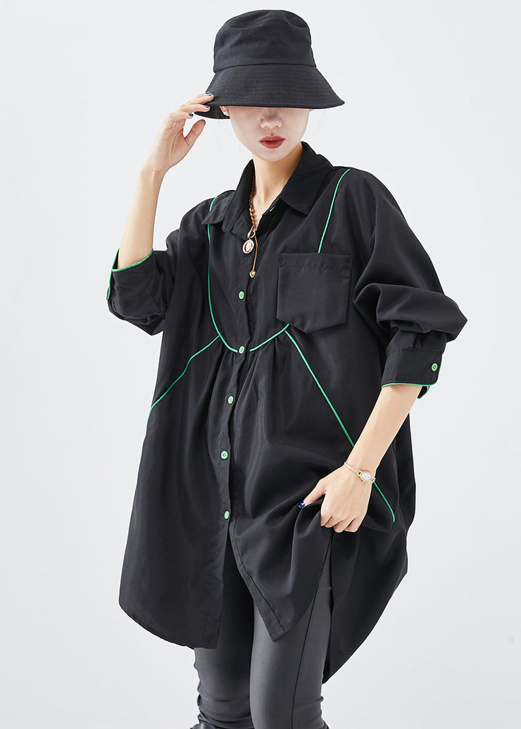 French Black Oversized Low High Design Cotton Shirt Dress Fall