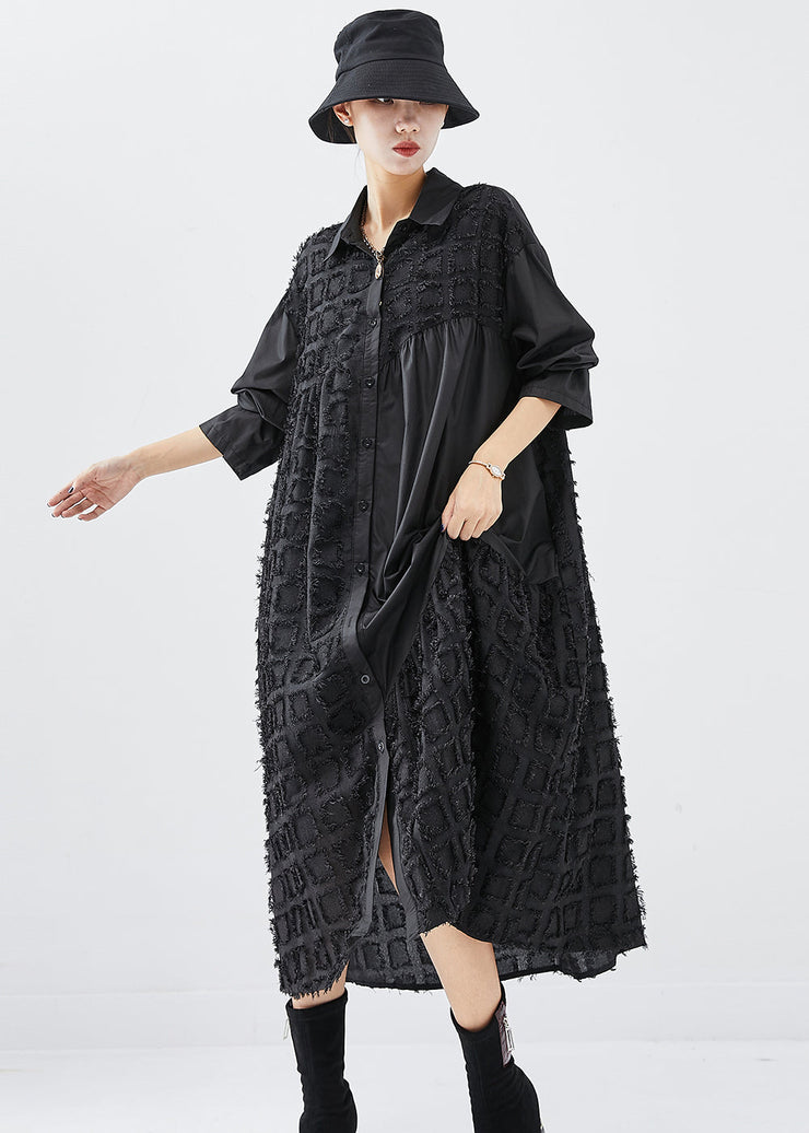 French Black Oversized Patchwork Cotton Holiday Dress Fall