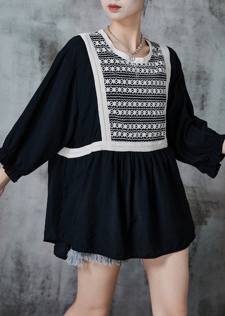 French Black Oversized Patchwork Cotton Sweatshirts Top Summer