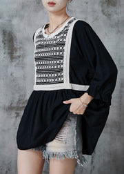 French Black Oversized Patchwork Cotton Sweatshirts Top Summer