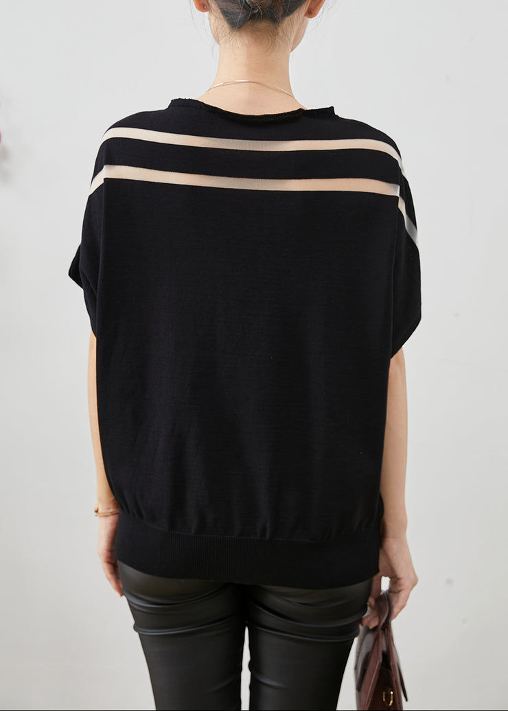 French Black Oversized Patchwork Knit Tank Batwing Sleeve