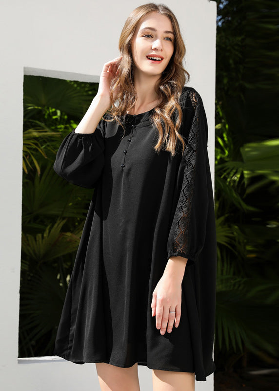 French Black Oversized Patchwork Lace Chiffon Dresses Bracelet Sleeve