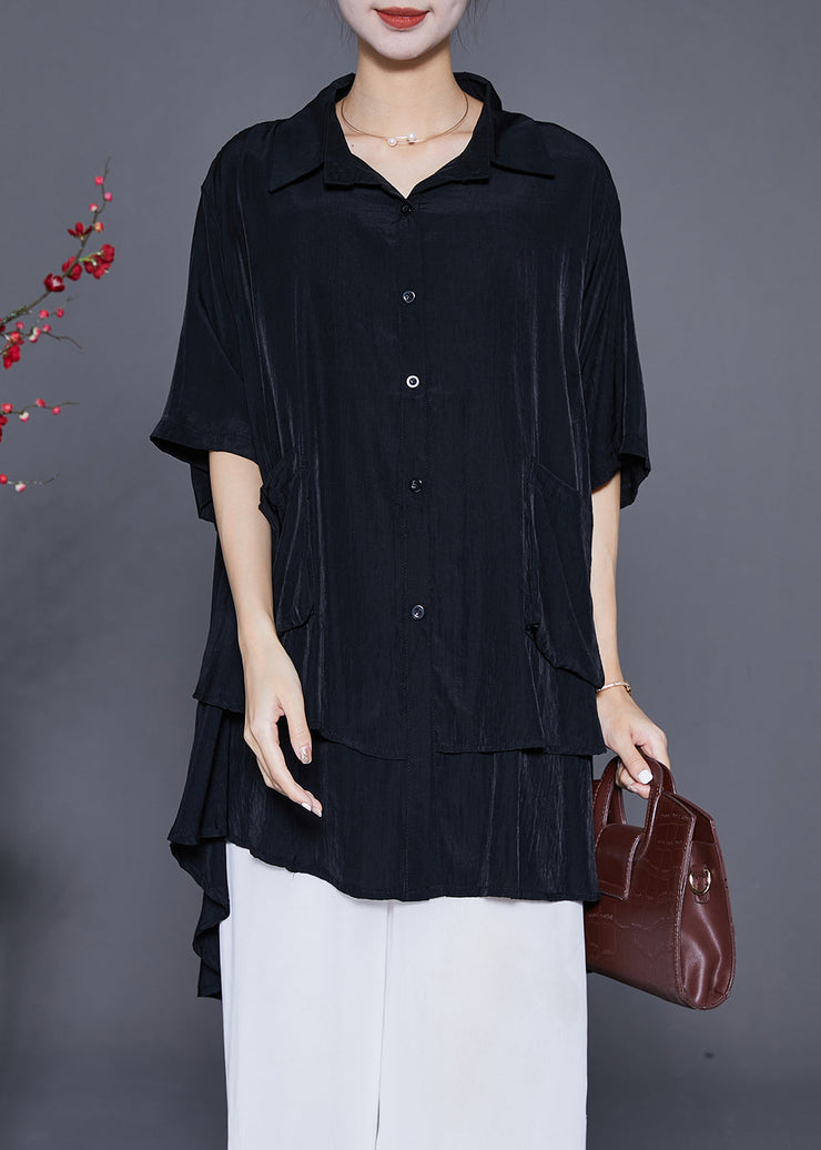 French Black Oversized Patchwork Low High Design Cotton Top Summer