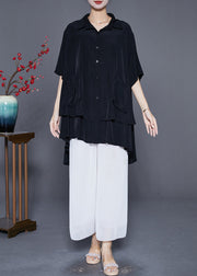 French Black Oversized Patchwork Low High Design Cotton Top Summer