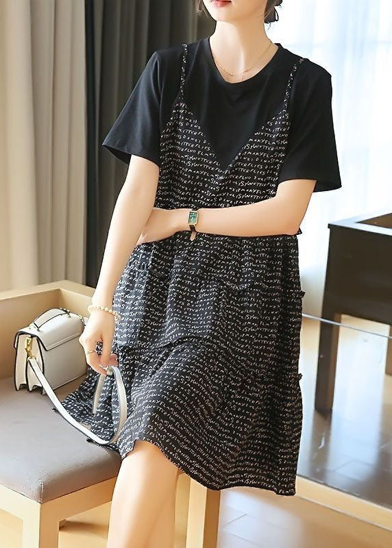 French Black Oversized Patchwork Print Cotton Fake Two Piece Mid Dresses Summer