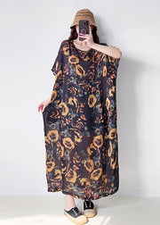 French Black Oversized Print Chiffon Maxi Dress Summer