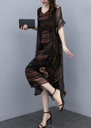 French Black Oversized Print Draping Chiffon Dress Summer