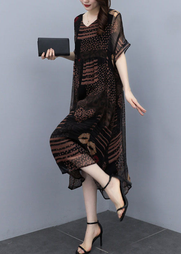 French Black Oversized Print Draping Chiffon Dress Summer