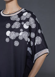 French Black Oversized Print Draping Silk Blouses Summer