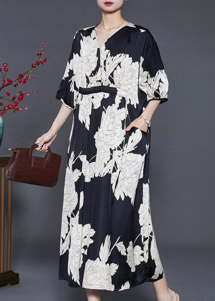 French Black Oversized Print Silk Dresses Summer