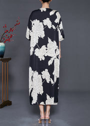French Black Oversized Print Silk Dresses Summer
