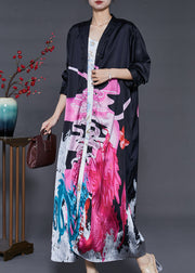 French Black Oversized Print Silk Vacation Dresses Summer