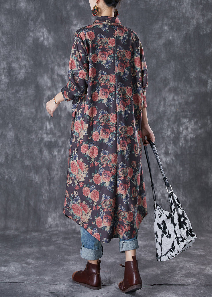 French Black Oversized Rose Print Cotton Shirt Dresses Fall