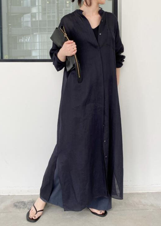 French Black Oversized Side Open Linen Shirt Dresses Spring