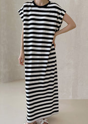 French Black Oversized Striped Cotton Long Dress Summer