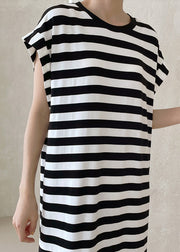 French Black Oversized Striped Cotton Long Dress Summer