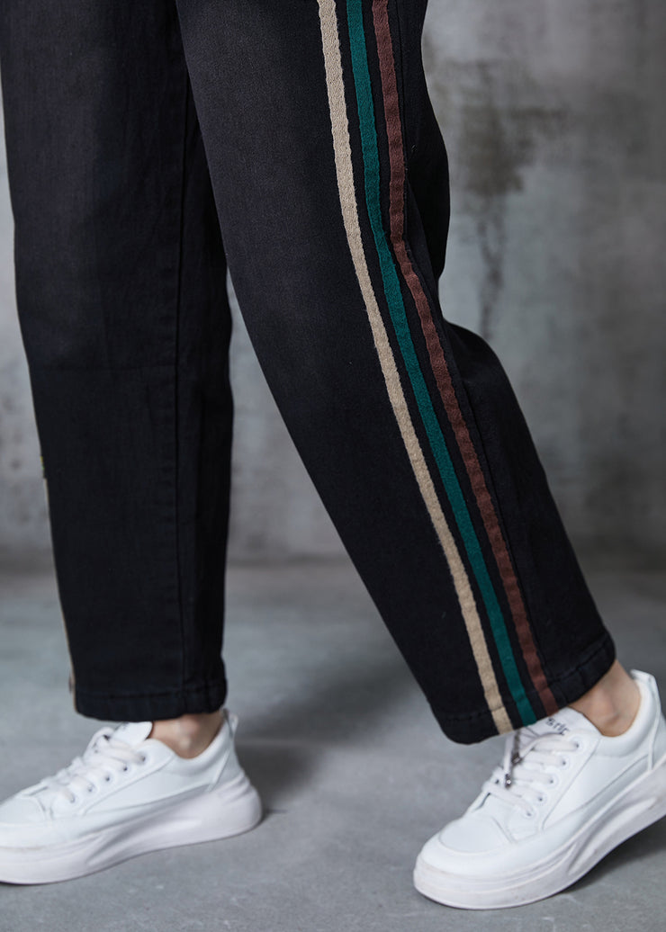 French Black Oversized Striped Denim Pants Summer